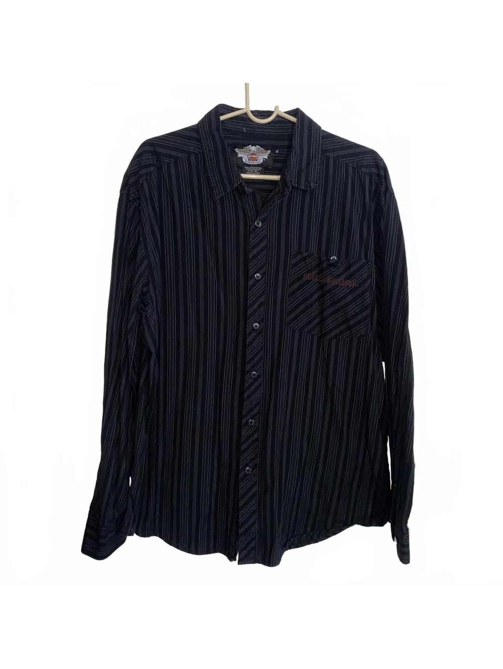 Harley Davidson Mens Medium Black Striped Button Down Shirt Biker Graphic